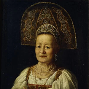 Portrait of a Merchant Woman in Kokoshnik, 1796. Artist: Drozhdin, Petro Semyonovich (1745-1805)