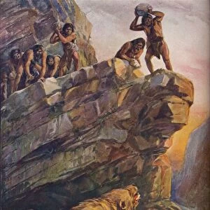 Prehistoric men attacking great cave bears, 1907