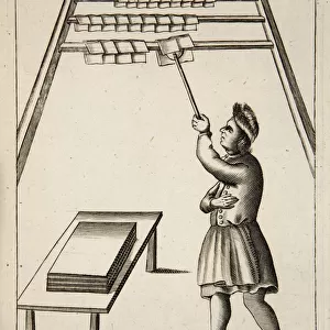 The Pressman Hanging Paper, pub. 1683 (engraving). Creator: English School (17th Century)