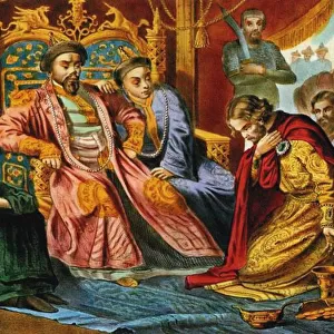 Prince Alexander Nevsky begging Batu Khan for mercy for Russia, End of 19th century. Artist: Anonymous