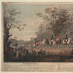 Prince Regent, William III of Prussia, Alexander I, General Blucher and Hetman Platov review troops Artist: Sauerweid, Alexander Ivanovich (1783-1844)