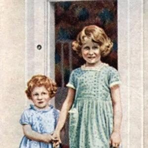 The Princesses Elizabeth and Margaret Rose at the door of the Little House, 1933, (c1935)