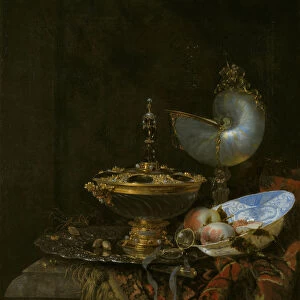 Pronk Still Life with Holbein Bowl, Nautilus Cup, Glass Goblet and Fruit Dish, 1678. Artist: Kalf, Willem (1619-1693)