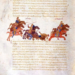 Pursuit of Sviatoslavs warriors by the Byzantine army (Miniature from the Madrid Skylitzes), 11th-1 Artist: Anonymous