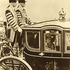 Queen Mary, in her coach of glass, accompanied by Queen Maud of Norway, 1937