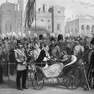 Queen Victoria distributing the Crimean medals, Horse Guards, 18 May 1856, (1857). Artist: R Hind