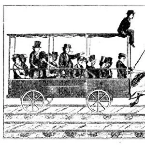 Race between Peter Coopers locomotive Tom Thumb and a horse-drawn railway carriage, 1829