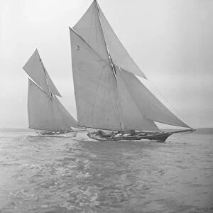 The racing cutters Creole (3) and Rosamond, 1911. Creator: Kirk & Sons of Cowes