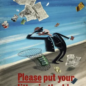 Railway anti-litter poster showing a frantic railway porter surrounded... WWII, between 1939 & 1946 Creator: Central Office of Information Railway anti-litter poster showing a frantic railway porter surrounded... WWII, between 1939 & 1946 Creator: Central Office of Information