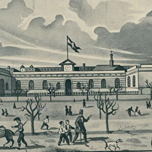 Railway station in Barcelona in 1848, pioneer in the peninsula, engraving from the time