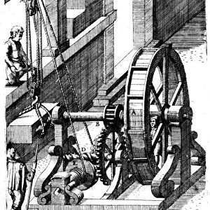 Raising a slab of stone using a block-and-tackle mechanism, 1620