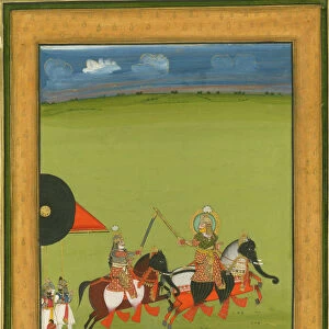 Rajah and son on horses disguised as elephants, and suite of attendants, c. 1810