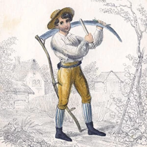 Reaper / haymaker sharpening his scythe with a whetstone, 19th century