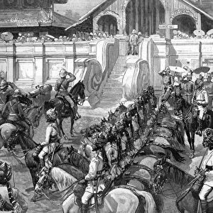 Reception of General Roberts in Mandalay at the east gate of the palace, Burma, 1887. Artist: A Forestier