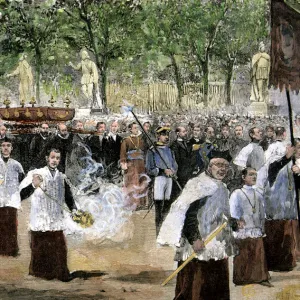 Reign of Alphonse XII, procession of San Isidro, to ask for rain and peace, drawing by M