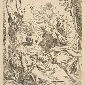 Repose in Egypt, Holy Family seated while an angel pulls at tree branche... ca