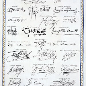 Reproduction of the signatures of the Tudors and members of their court, 1825. Artist: Sarah