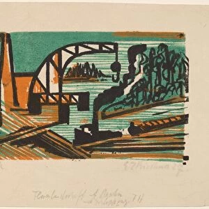 River Landscape with Crane and Barges, 1927. Creator: Ernst Kirchner