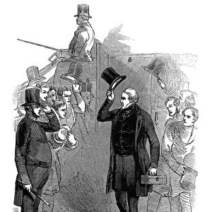Robert Peel, British statesman, arriving at the House of Commons, London, January, 1846
