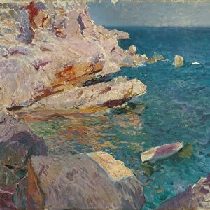 Rocks of Javea and the white boat, 1905. Creator: Sorolla y Bastida, Joaquin (1863-1923)