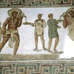 Roman floor mosaic, Servants bring wine to guests at a banquet, c3rd century