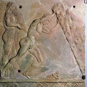 Roman terracotta Campana plaque showing Theseus lifting a huge rock