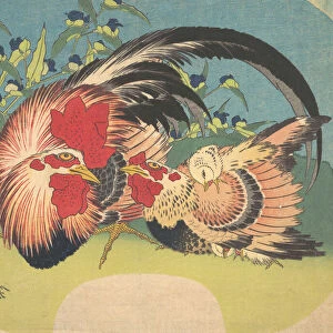 Rooster, Hen and Chicken with Spiderwort, ca. 1830-33. Creator: Hokusai