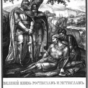 Rostislav Mstislavich finds the dying prince Izyaslav Davidovich. 1161 (From Illustrated Karamzin) Artist: Chorikov, Boris Artemyevich (1802-1866)