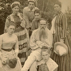 Russian author Leo Tolstoy with his family, Yasnaya Polyana, Russia, late 19th century(?). Artist: Semyon Abamalek-Lazarev