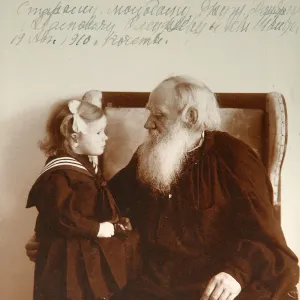 Russian author Leo Tolstoy with his granddaughter Tatiana, Yasnaya Polyana, Russia, c1910. Artist: Vladimir Grigorievich Chertkov