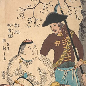 Russians and a Chinese Inscribing a Fan, 12th month, 1860. Creator: Utagawa Hiroshige II