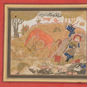 Rustams First Course: Rakhsh Kills a Lion, Folio from a Shahnama (Book of Kings), ca