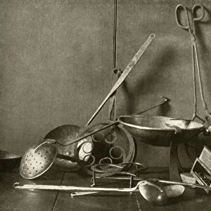 Sadiron; tongs; skimmer, fork; trivets and copper chopping-dish, c18th century, (1937)