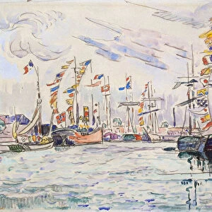 Sailboats with Holiday Flags at a Pier in Saint-Malo, 1920s. Artist: Paul Signac