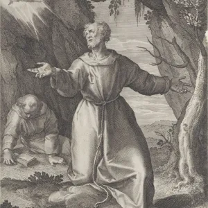 Saint Francis kneeling with his arms outstretched, looking towards a cherub at upper left