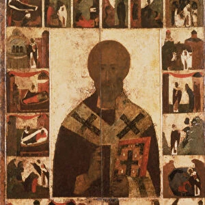 Saint Nicholas with scenes from his life, 14th century. Artist: Russian icon
