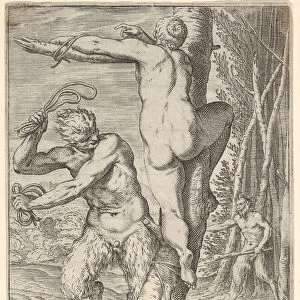 Satyr whipping a nymph, who is shown from behind and bound to a tree, a second saty