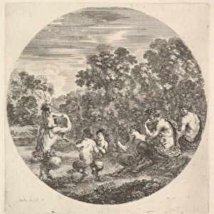 Two satyrs and a faun seated to right watching two child satyrs and another satyr w