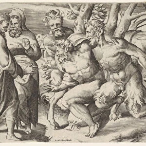 Two satyrs leading Silenus to King Midas, who stands at left with two male attendan