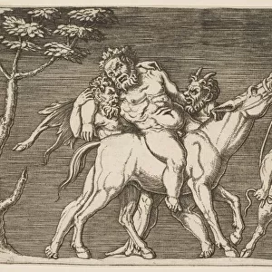 Two satyrs placing Silenus on a braying mule and a third satyr at right, ca. 1515-27