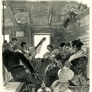 Scene inside a car in a Spanish train, snack and revelry, engraving, 1896