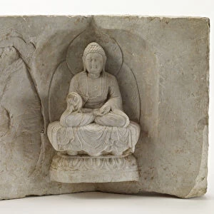 Seated Buddha with a standing monk, Tang dynasty, first half 8th century