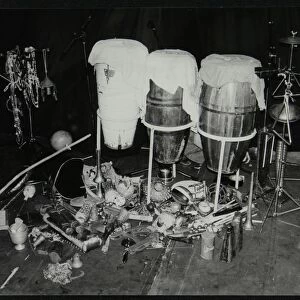A selection of Brazilian percussionist Guilherme Francos instruments, Middlesbrough, 1978