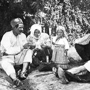 Serbian family telling the story of routing the Austrians from Bosnia, First World War, 1914