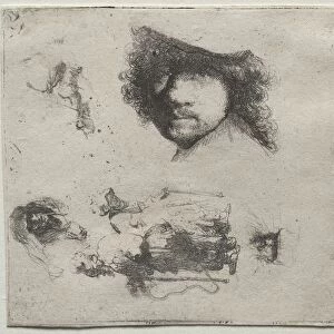 Sheet of Studies: Self-Portrait, a Beggar Couple, etc. c. 1632. Creator: Rembrandt van Rijn
