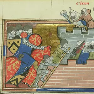 The siege of Shaizar in 1157 (From "Li rommans de Godefroy de Buillon et de Salehadin"), 1337. Creator: Maître de Fauvel (active 1314-1340). The siege of Shaizar in 1157 (From "Li rommans de Godefroy de Buillon et de Salehadin")