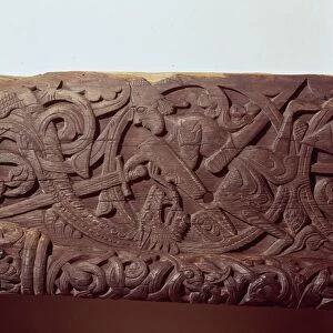 Sigurd kills the Dragon, Fafnir. Detail of wood panel of Hylestad Church, Norway