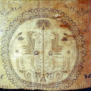 Silk cloth with lions and Palm Trees, Buk Kham region, central Asia, 8th-9th century