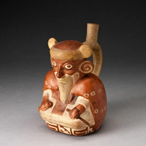 Single Spout Vessel in Form of Seated, Bearded Man Wearing a Cape, 100 B. C. / A. D. 500