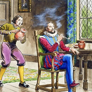 Sir Walter Raleigh smoking a pipe, (c1900). Artist: Trelleek